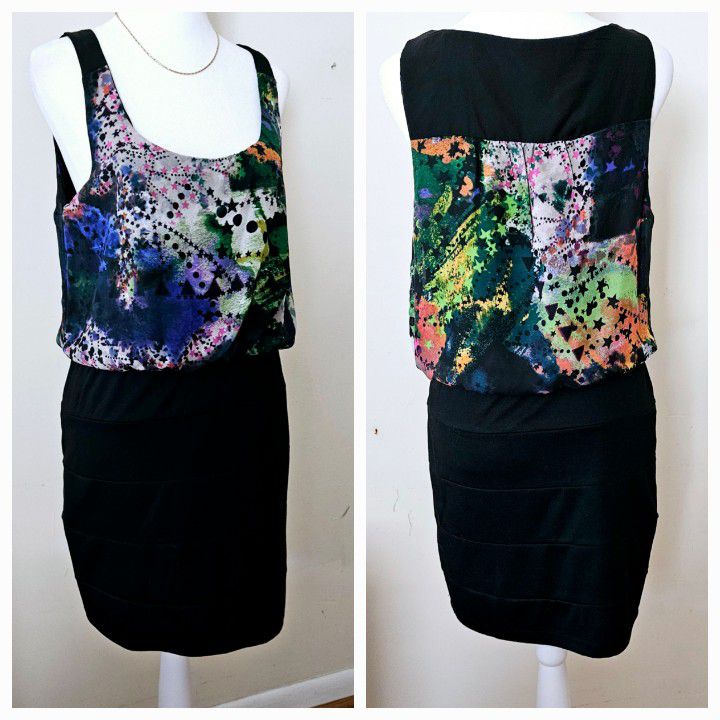 Size M Trixxi Black Tank Top Mini Dress with Mulit-colored Upper Bodice, Gathered Waist and Layered Pencil Skirt. Women Ladies Girls. Pre-owned in exc