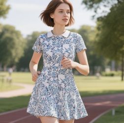 Women's Short Sleeve Golf and Tennis Dress with Button Placket and Pockets for Sports and Casual Wear  Blue flowers , XXL  Brand new 