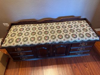 Dark Wood Storage Bench with Floral Tapestry Seat