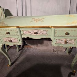 Antique Mint & Gold Vanity w/Mirror & Stool