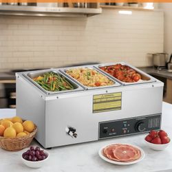 Food Warmer 1500W, Food Warmer Stainless Steel with 3×5QT Pan, Food Warmers for Parties Buffet with Temp Control, Lid＆Tap, Steam Table Food Warmer for