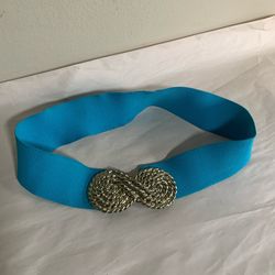 Vintage 1980s Turquoise Elastic Cinch Belt w/ Massive Gold Rope Buckle 29”