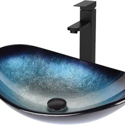 Bathroom Boat Shape Artistic Glass Vessel Sink, Blue Black Faucet and Pop-up Drain Set