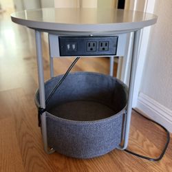Barely Used End Table With Charging Station And Storage Basket