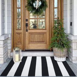 Black and White Area Rug 27.5x43 Inches Striped Front Door Rug Cotton Washable