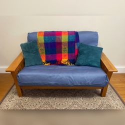 Blue Futon Sofa Bed, Wooden Frame - Good - Wake Forest, NC