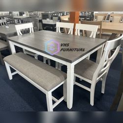 6Pc Dining table set with bench and 4 Chairs