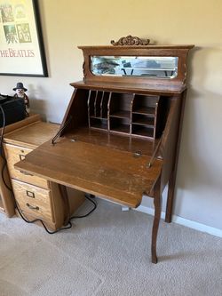Antique Oak Drop-Front Secretary Desk