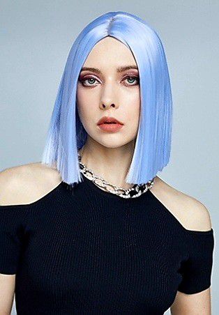  Light Blue Wig Synthetic Straight Hair Bob Cut Wig Middle Part Shoulder Length Fashion Bob Wigs for Women Cosplaysoft