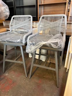 Set of 2 Rattan Swivel Bar Stools, 26" Counter Height with Woven Rope Back, Cushioned Patio Bar Chairs for Kitchen, Garden, Gray