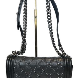 Chanel Black Crumpled Calfskin Leather Studded Boy Bag in RHW Old Medium
