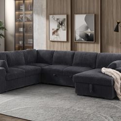 Dark Gray Corduroy Sectional Sleeper Sofa With Storage