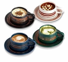 8 Oz Ceramic Cappuccino Cups with Saucers, Set of 4
