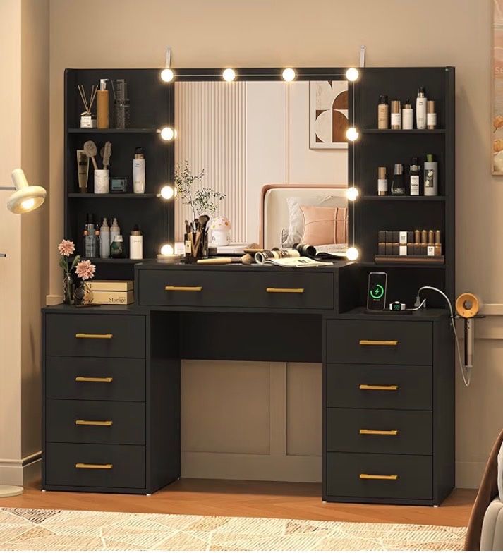 Black Vanity With Gold Handles With 10 Drawers And Four Shelves