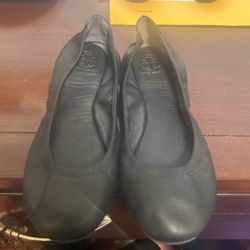 Tory Burch Eddie Black Leather Ballet Flats Logo on Back Elastic Collar 