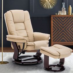 Recliner with Ottoman, Wood Base, Faux Leather Swivel Reclining Chair, Black Adjustable Back, with Footrest, for Living Room and Bedroom