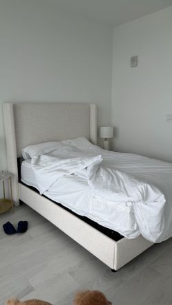 RH style queen bed and memory foam mattress