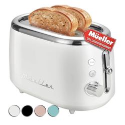 MÜELLERHOME Retro Toaster 2 Slice, 7 Browning Levels, 3 Functions (Reheat, Defrost, Cancel), Removable Crumb Tray, Under Base Cord Storage, White Toas