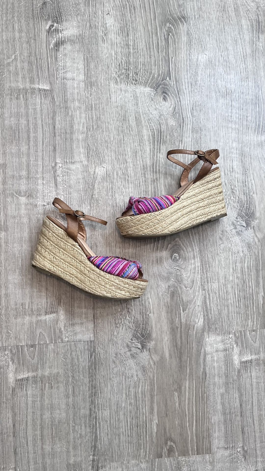 Xhilaration 6.5 Pink Brown Tan Espadrille Mexican Blanket Open Toe Wedges Heels Cinco De Mayo