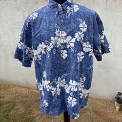 PreOwned Reyn Spooner Hawaiian Print Blue/White 3/4 Button Men's XL