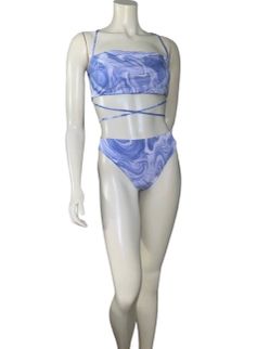 Naked Wardrobe Blue Marble Bikini Set XL NWT Criss Cross Open Back