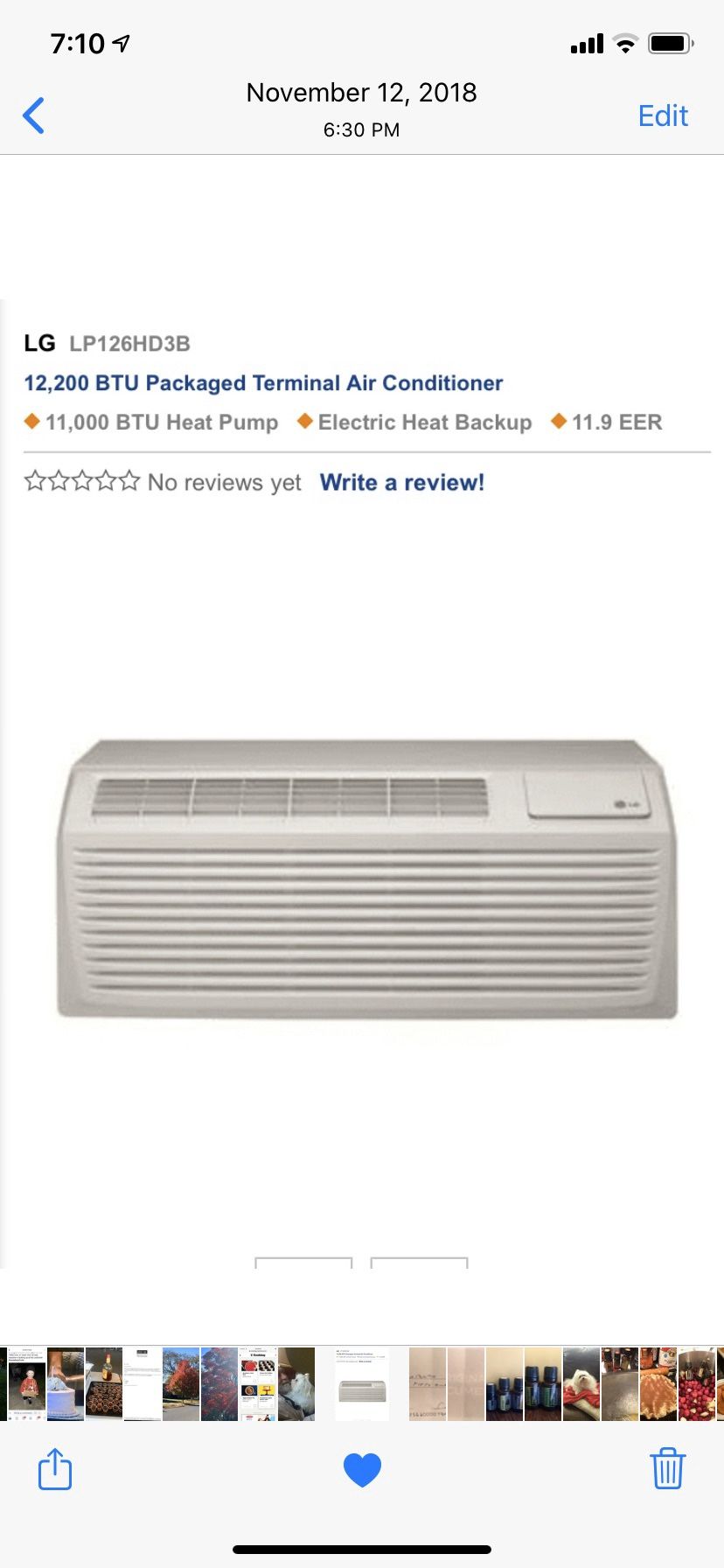 Air Conditioner/Heat PTAC. One unit New