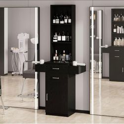 Salon Station for Hair Stylist, White Barber Hair Salon Station
Beauty Salon Spa Equipment with 2 Drawers & 1 Storage Cabinet, 3 Open Display Shelves,