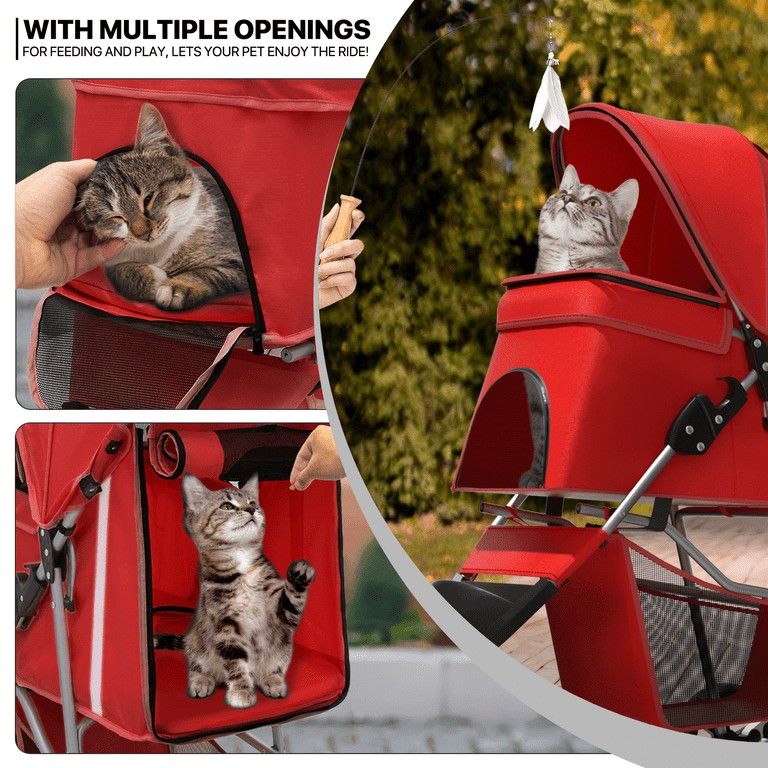 MoNiBloom Foldable Pet Stroller with Weather Cover, 3 Wheels Pet Strolling Cart for Small/Medium Dogs and Cats with Storage Basket, Red 🍒