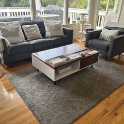 Modern Living Room Set – Sofa, Armchair, Lift-Top Coffee Table, and Rug 