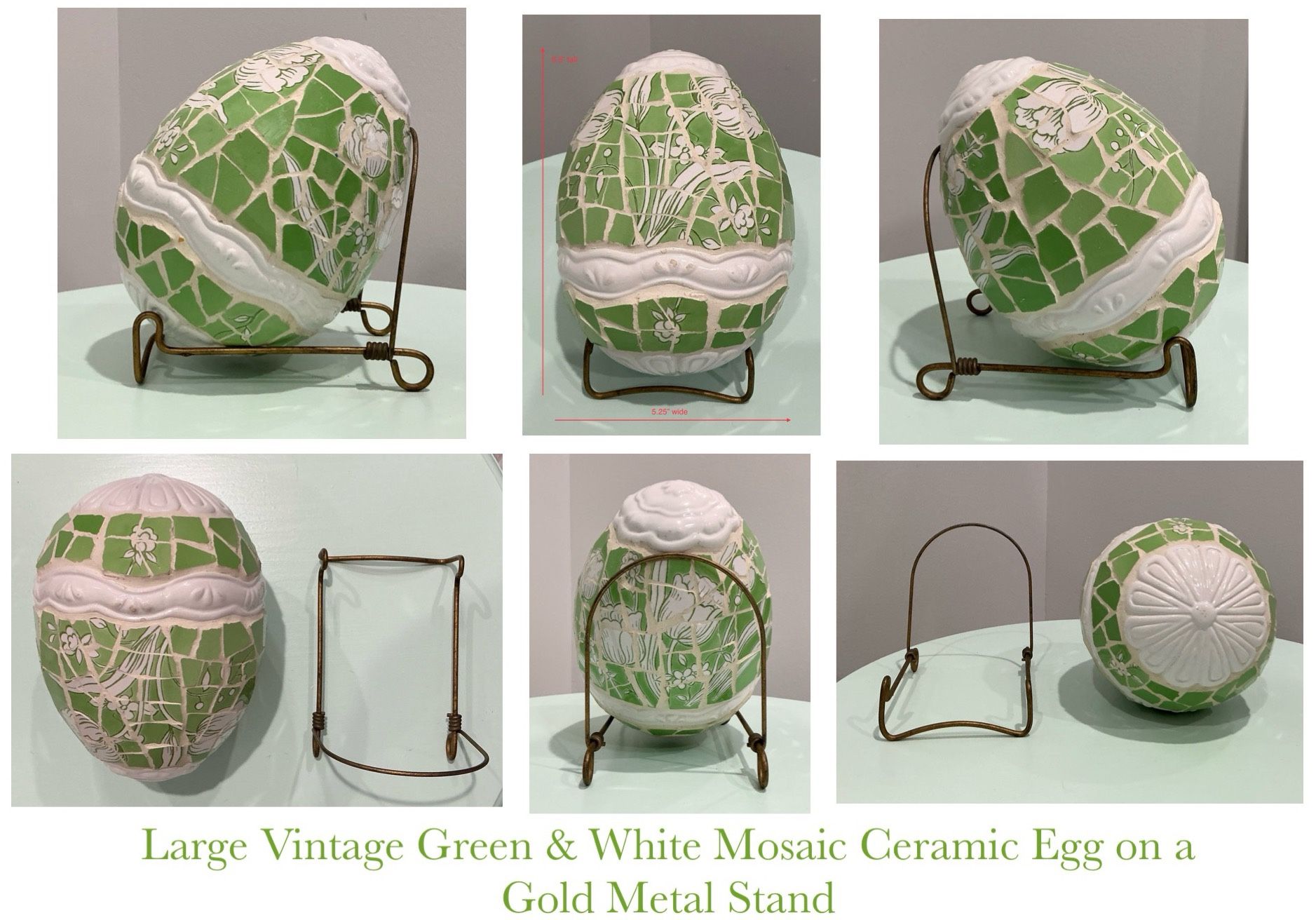 Large Vintage Green & White Mosaic Ceramic Egg on a Gold Metal Stand