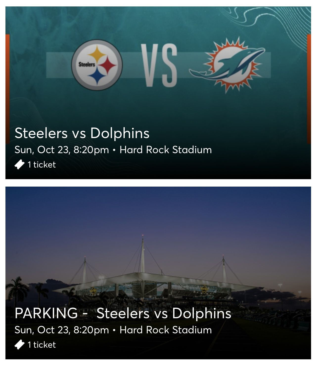 2 Dolphins Vs Steelers Tickets & Parking Pass Bundle - PRIMETIME GAME