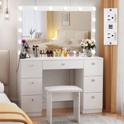 Vanity with Lighted Mirror - Makeup Vanity Desk with Power Outlet and 7 Drawers, 3 Color Lighting, 44" Vanity Table with Stool