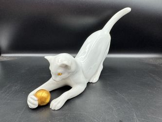 Vintage ERPHILA Germany Porcelain White Cat Figurine Playing With Gold Ball