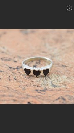 Sterling Silver Triple Onyx Heart Ring Size 7