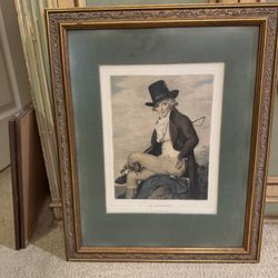 Vintage Hand Painted Etching Or Lithograph Nicely, Framed With Moss Green Velvet Porter And Gold Frame. This Piece Is A Classic And Would Add A Greeat