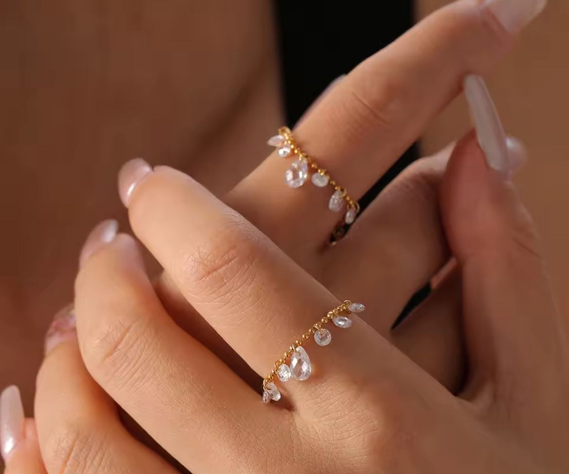 Crystal Pendant Stainless Steel Beads Ring For Women 18K Gold Plated Waterproof Adjustable Women's Rings Luxury Designer Jewelry
