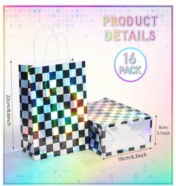 16Pcs Iridescent Checkered Race Car Party Favor Bags, Goodie Bags  Laser Plaid Kraft Paper Candy Gift Bags