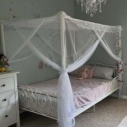 Canopy Metal Bed, Fairytale Charm, Heart Scroll Design, Full Size, White