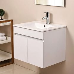 24" W Wall Mounted Bathroom Vanity with Ceramic Top and Sink, Storage Cabinet, Faucet Combo Set 