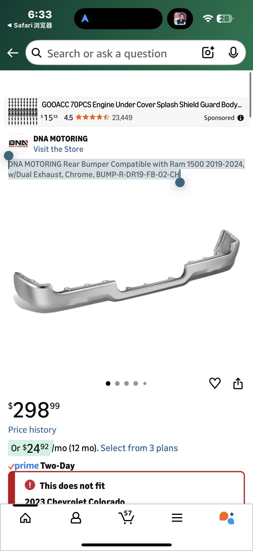 New in box DNA MOTORING Rear Bumper Compatible with Ram 1(contact info removed)-2024, w/Dual Exhaust, Chrome, BUMP-R-DR19-FB-02-CH