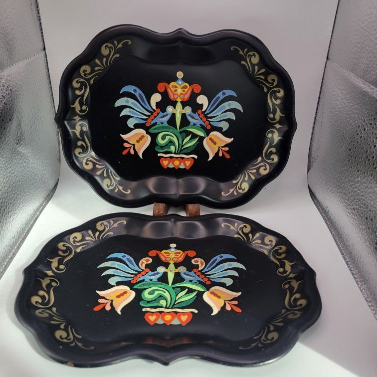 2 Vintage Toleware Metal Trays Hand Painted Spring Floral Bird Motif  9.5" x 7"