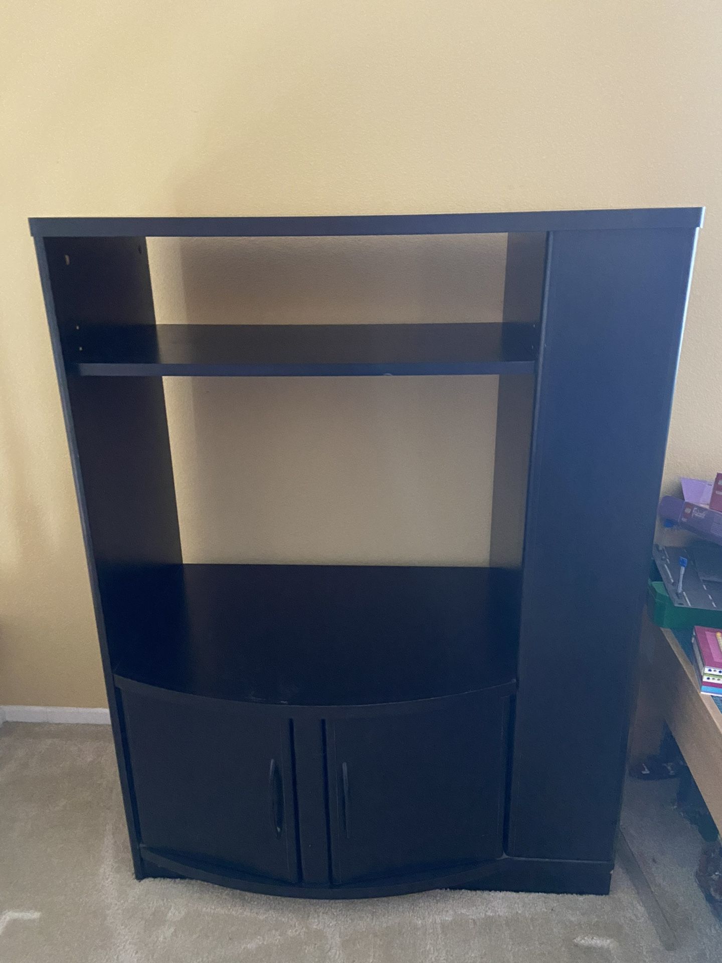 Black Entertainment Stand With Side Shelves Attached