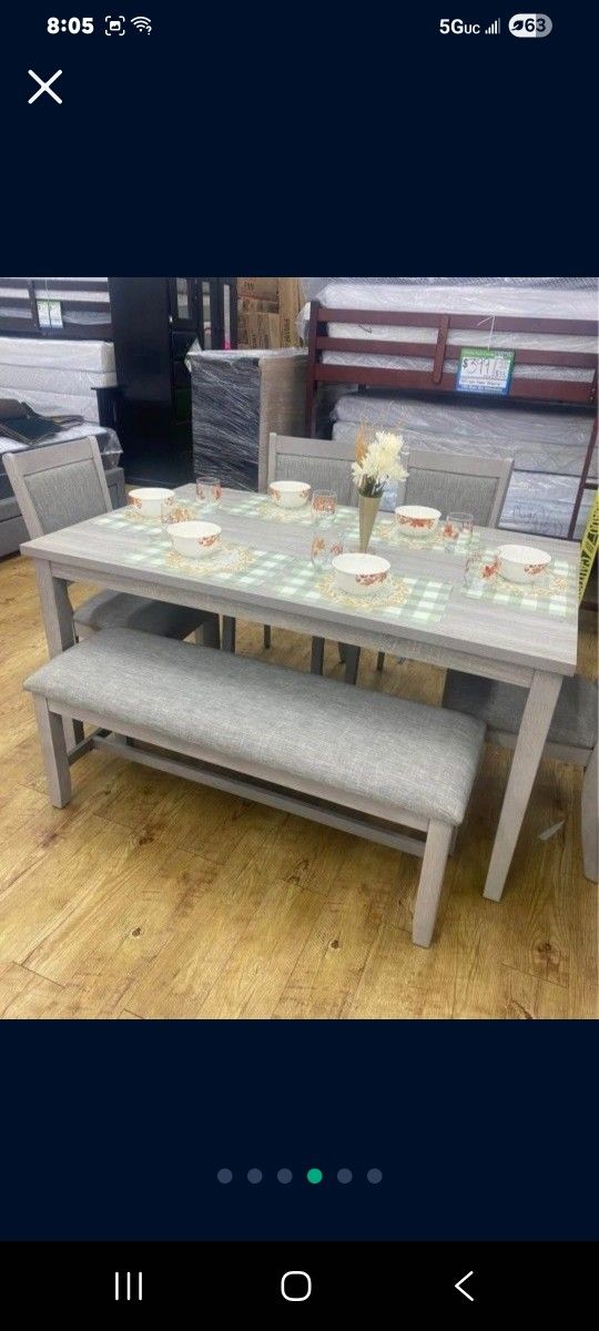 ✅️✅️ 6 pc light finish wood dining table set padded seat chairs and bench ✅️✅️