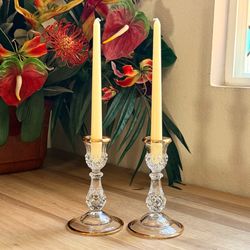 Vintage Cristal d’Arques France 24% Lead Crystal Candlesticks • Gold Rim • Set of 2