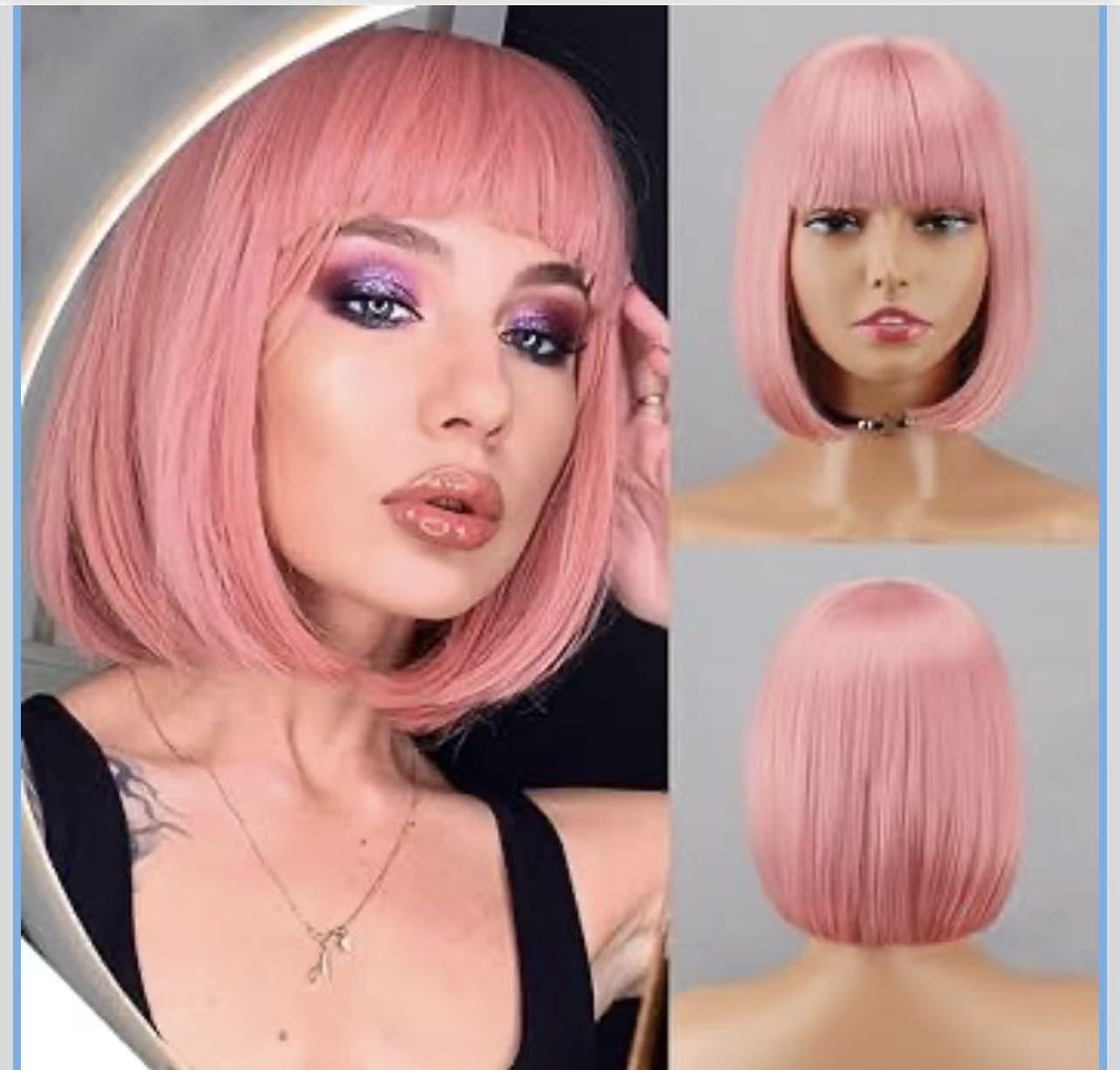 Pink Wigs for Women Short Synthetic Bob Wig with Bangs