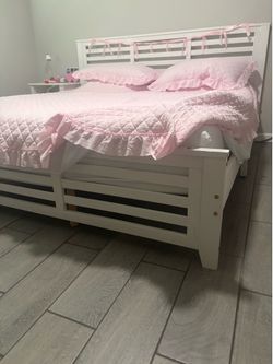 King Size Platform Bed with Horizontal Strip Hollow Shape and Footboard + used King mattress