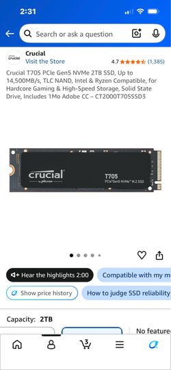 Crucial T705 PCle Gen5 NVMe 2TB SSD,