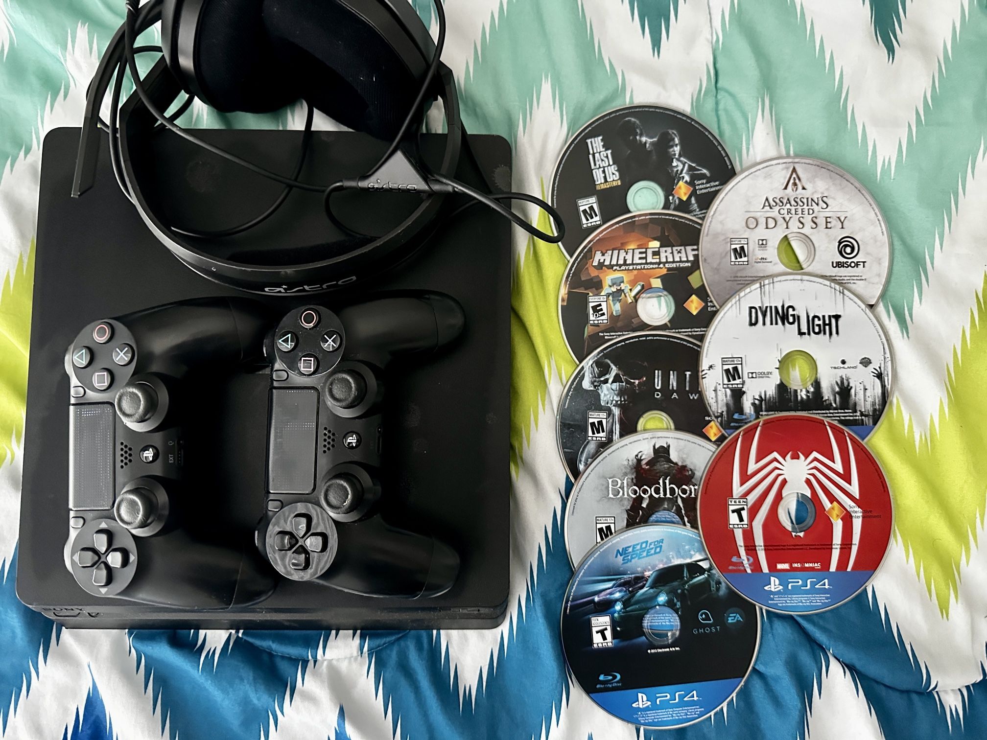 Sony PlayStation 4 Slim 1TB Bundle - 2 Controllers + Gaming Headset W/ Mic + 8 Games + HDD