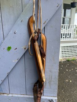 Antique German Wooden Ice Skates with Leather Bindings – Rustic Winter Decor