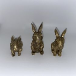 Set of Three Gold Bunny Figurines Resin Rabbits Easter Holiday Celebration Decor